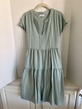 Calvin Klein Sage Green Tiered Short Sleeve Dress